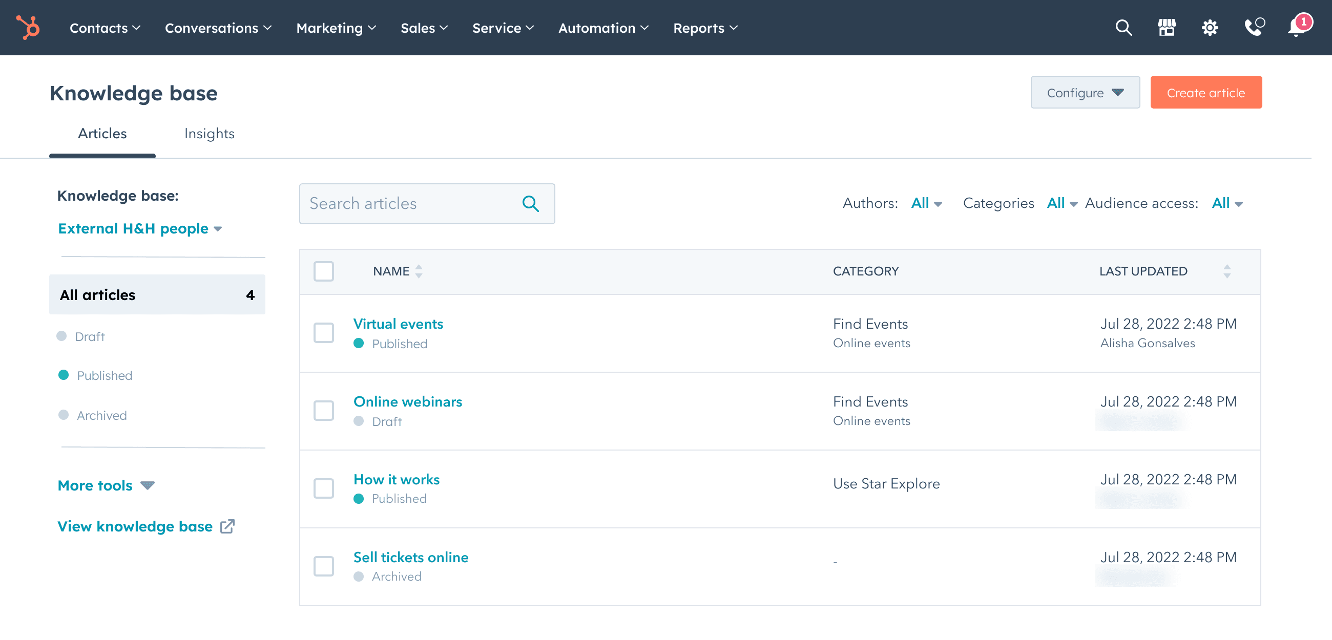 The new Knowledge Base article list on HubSpot’s content platform, with a knowledge base switcher in the sidebar and a Configure menu beside Create article.