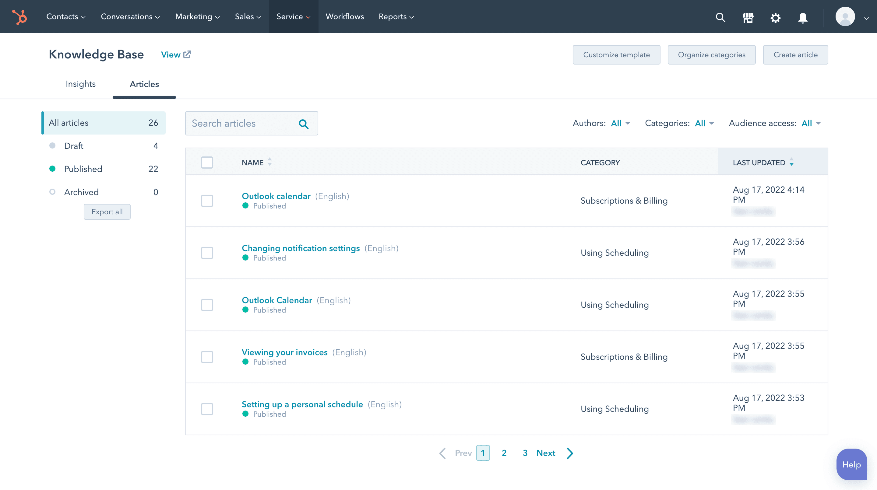 The legacy Knowledge Base article list in HubSpot, with Customize template, Organize categories and Create article buttons, and article counts by status.
